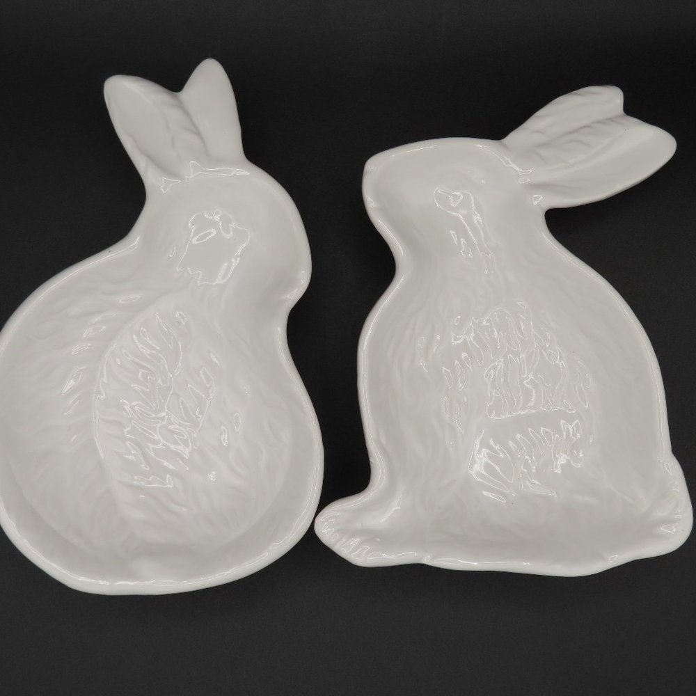 Set of 2, Pair of White Bunny Rabbit Small Plates Approx 6"x4"